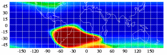 Image of the South Atlantic Anomaly (SAA), the region where Earth's magnetic field is weakest, taken by the ROSAT satellite in the 1990s. Credit: NASA